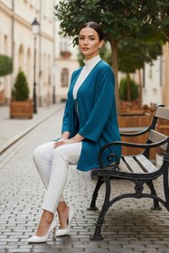 Resim Aişe tesettür Petrol Mavi Önü Bağlamalı Kimono Tunik / Likralı Yazlık Kumaş 