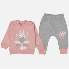 Resim 3-9 Ay Kız Bebek Alt&üst Takımı Zürafa Nakışlı Pudra Pudra 