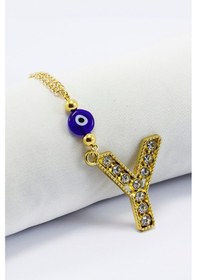 Resim Gold Renkli Parlak Taşlı Yassı Cam Nazar Boncuklu Y Harfi Araba D 