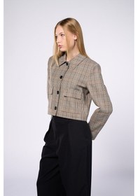 Resim Thalure Kadın Kahverengi Ekoseli Crop Blazer Kahverengi 