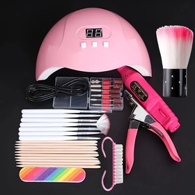 Resim 8 parça pembe set: Dijital Işık Kürleme Lambası 3 Hızlı Zamanlayıcı ve Otomatik Kapanma, Hız Ayarlı Öğütücü, Beyaz Fırçalar, Ölü Işık Bej Kesici, vb. Tam Set 