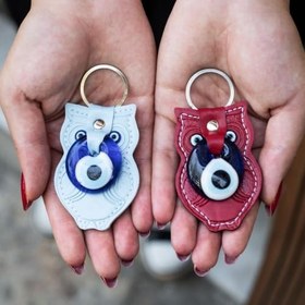 Resim Nazar Boncuklu Baykuş Figürlü Vegan Deri Anahtarlık, Araba Çanta Aksesuarı(Charm), Yeni Ev Hediyesi, Düğün Hediyeliği- Kırmızı & Mavi, 2 Adet 