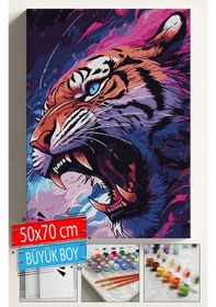 Resim Sayılarla Boyama Seti Numaralı Tuval Fırça Boya Dahil Kasnaklı Set 50x70 Cm - Saldıran Kaplan 