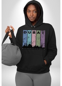 Resim Dubai Şehir Silüeti Renkli Şehir Kadın Erkek Siyah Kapüşonlu Sweatshirt Hoodie Siyah 
