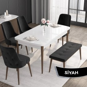 Resim Canisa Concept Roy Serisi, 80 x 132 cm Açılabilir Mdf Masa Takımı, Beyaz Masa Ceviz Ayak 4 Sandalye 1 Bench 