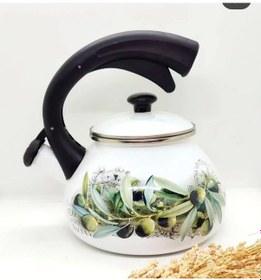 Resim Zeytin Dekor Vintage Emaye Düdüklü Kettle Demlik 2,4 Litre Yeşil 