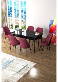 Resim Canisa Concept Zen Serisi 80x132 Mdf Açılabilir Siyah Mermer Desen Masa Takımı Ve 6 Bordo Sandalye Masa Siyah Mermer Desenli Sandalyeler Bordo 