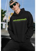 Resim Nevermind Unisex Nevermind Yazı Baskılı Oversize Baskılı Kapşonlu Sweatshirt 3 Iplik Siyah 
