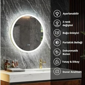 Resim LED Işıklı Yuvarlak Banyo Aynası - Buğu Önleyici, 3 Farklı Renk Seçeneğiyle Ayarlanabilir Parlaklık 
