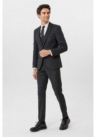 Resim Süvari Siyah Slim Fit Desenli Mono Yaka 6 Drop Yelekli Klasik Takım Elbise-35634 Siyah 