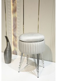 Resim Bianco Metal Ayaklı Sehpalı Puf Krom Bej Chrome Beige 