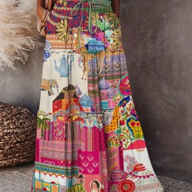 Resim Kadınlar için canlı renkli yama desenli maxi etek - Renkli çiçek ve mimari tasarım, bağcıklı bel, ilkbahar/yaz için mükemmel, rahat tarz, uzun uzun, polyester kumaş, rahat giyim | Canlı Yama Deseni | Polyester Etek 
