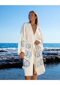 Resim Litustyle Yaprak - Naturel & El Baskılı Pamuk Müslin Kimono Beyaz 