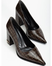 Resim Suins Premium Kevin Model Kadın Kalın Topuklu Kroko Stiletto Ayakkabı Kahve 