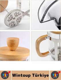 Resim Premium Isıya Dayanıklı Kahve Demleme Bitki Çayı Ahşap Kapak Sap Detaylı Cam French Press 600 Ml Çok Renkli 