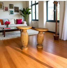 Resim Doğal Tik Renk Ahşap Yan Sehpa 2 Li Masif Sehpa Ve Fiskos Kahverengi 