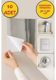 Resim 10 Lu Kendinden Yapışkanlı Silver Ayna Mozaik Disco Sticker Duvar Eşya Dekoratif Kaplama 30x30 Cm Gümüş 