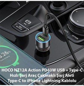 Resim Hoco Nz12a Action Pd43w Usb + Type-c Araç Çakmaklık Hızlı Şarj Aleti + Type-c To Apple iPhone Uyumlu Lightning Ka- 5775 