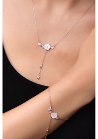 Resim Papatya Silver 925 Ayar Gümüş Rose Kaplama Zincir Sallantılı Taşlı Sedef Manolya Çiçeği Kolye ve Bileklik Set 