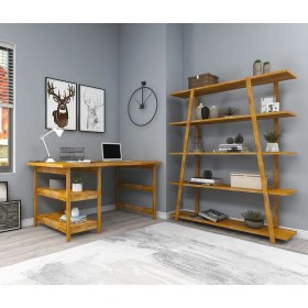 Resim Softcity Doğal Ahşap Çalışma Masası Kitaplık Takım Meşe Renk 