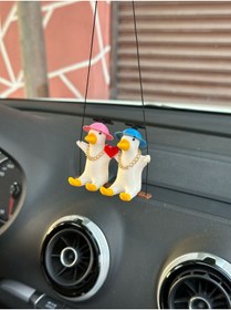 Resim 3dbaydesign AŞK ve SEVGİYİ simgeleyen Altın Zincirli Sallanan Şapkalı Cift Ördek Yeni Trend Dikiz Ayna Süsü 