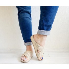 Resim Kadın Günlük Çapraz Ev Dışarı Terliği Bej 