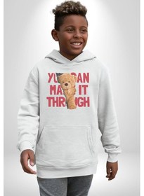 Resim Bunu Alabilirsin Çantadan Çıkan Ayı Kadın Erkek Beyaz Kapüşonlu Sweatshirt Hoodie Beyaz 
