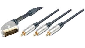 Resim AK-AV 539 Ev Sinema Sistemleri İçin Yüksek Kaliteli Scart Kablosu, Scart 21 pin Erkek <=> 3 x RCA Erkek (1 x görüntü (video için) , 2 x ses (audio için), Ferrite Filtreli, 1.50 Metre 