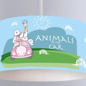 Resim instababyrooms Açık Mavi Hayvanlar ve Araba Desenli Çocuk Odası Dijital Baskılı Sarkıt Avize 