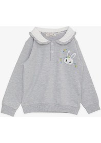 Resim Breeze Kız Çocuk Sweatshirt Tavşan Nakışlı Düğmeli 2-6 Yaş, Açık Gri Melanj-açık Gri Melanj Açık Gri Melanj 