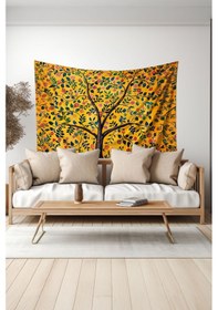 Resim Sarı Çiçekli Ağaç Desenli Duvar Halısı Duvar Örtüsü Tapestry Süet Dokulu Kumaş 