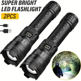 Resim 2 adet Yüksek Güçlü LED El Feneri Dijital Ekran ile, Dahili Pil ve USB Şarj Edilebilir - Güçlü Şarj Edilebilir Pil, Dayanıklı Taktik Fener, Açık Hava Kampı, Yürüyüş, Gece Kurtuluşu için - Siyah, Kamp El Feneri, Yürüyüş Ekipmanı, Sağlam Kasa, Yüksek Kaliteli LED 