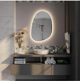 Resim 70x101 Cm Asimetrik Oval Led Banyo Aynası Dokunmatik Dim Edilebilir, 3000k Günışığı Sarı 
