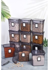 Resim 12'li Etiketli Jumbo Boy Dikdörtgen Erzak Saklama Kabı Seti 2000ml Antrasit 