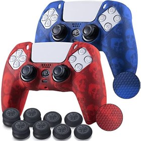 Resim PS5 Kumandası x 2 için Kavrama Dokusu Silikon Cilt (Kafatası Kırmızı + Mavi) Pro Thumb Grips 8 