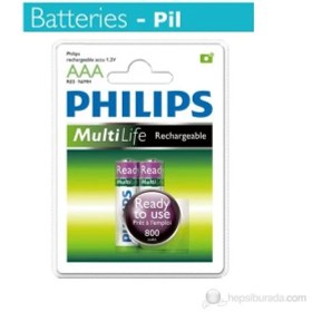 Resim Philips R03B2RTU8 AAA 800 Mah Şarj Edilebilir 2'Li İnce Kalem Pil 