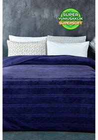 Resim Evlen Home Mayer Supersoft Yumuşak Çift Kişilik Battaniye 180x230 Cm Lacivert Pudra 