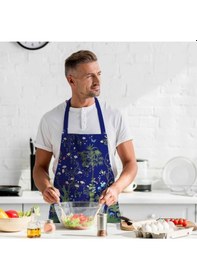 Resim Lacivert Çiçek Detalı Mutfak Önlüğü Keten Kumaş, Uluslararası Yıkama Ve Solmama Sertifikası Çok Renkli 