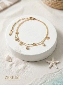 Resim Nazar Gözlü Çelik Kadın Halhal Çift Zincir Tasarım Gold27 