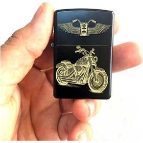 Resim Chopper / Cruiser Tarz Motosiklet Sevgisi Lazer Silinmez Resimli Benzinli Hediyelik Siyah Çakmak Siyah 