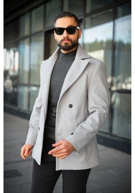 Resim Premium Kruvaze Orta Boy Kaşe Kaban Açık Gri 