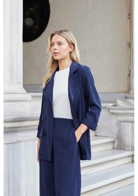 Resim Jument Kadın İpeksi Dokulu Modal Kumaş Yakalı Cep Kapaklı Oversize Salaş Blazer Ceket-lacivert 