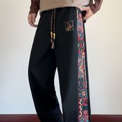 Resim Erkekler için Elastik İpli Bel Tribal Desenli Jogger Pantolon - Bol Kesim Düz Paça Günlük Şort, Sonbahar/Kış Mevsimi Çok Renklili (Yeşil / Turuncu 