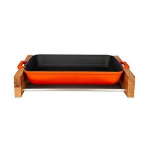 Resim Lava 22x30 CM Döküm Dikdörtgen Yekpare Çift Kulplu Turuncu Rosto ve Fırın Tepsisi - Kayın Servis Ahşabı LV P TP 2230 K4 O 