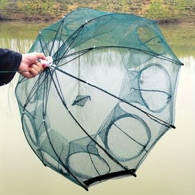 Resim Taşınabilir, saklamak kolay, dayanıklı, polyester lifinden yapılmış, karıştırılmış renklerde bulunan, 4/6/8 delikli, küçük balıklar, tatlı su karidesi ve yengeçleri yakalamak için uygun, tatlı su ve tuzlu su balıkçılığı için ideal, katlanabilir altıgen balık ağı. 