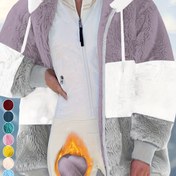 Resim Kadın Bol Kesim, Sıcak Peluş Yama Detaylı ve Fermuarlı Cepli Kapüşonlu Sweatshirt. 