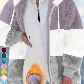 Resim Kadın Bol Kesim, Sıcak Peluş Yama Detaylı ve Fermuarlı Cepli Kapüşonlu Sweatshirt. 