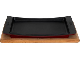 Resim Lava Döküm Dikdörtgen Servis Tabağı Ve Kayın Servis Ahşabı. Ölçü 36x24cm. Bordo 