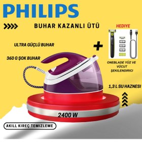 Resim Philips Perfectcare Compact Essential Buhar Kazanlı Ütü Mor Oneblade Hediye 