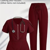 Resim Hastane, Klinik ve Veteriner Bakım için İdeal, Kısa Kollu, Fermuarlı Üst ve Geniş Pantolonlu, Stetoskop Detaylı, Mavi İki Parça Set, Hemşire Şortları 